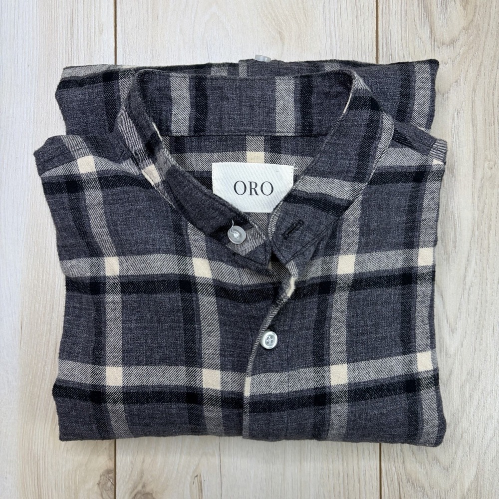ORO Los Angeles Band Collar Plaid Flannel Shirt Mens Medium Cotton Made In LA